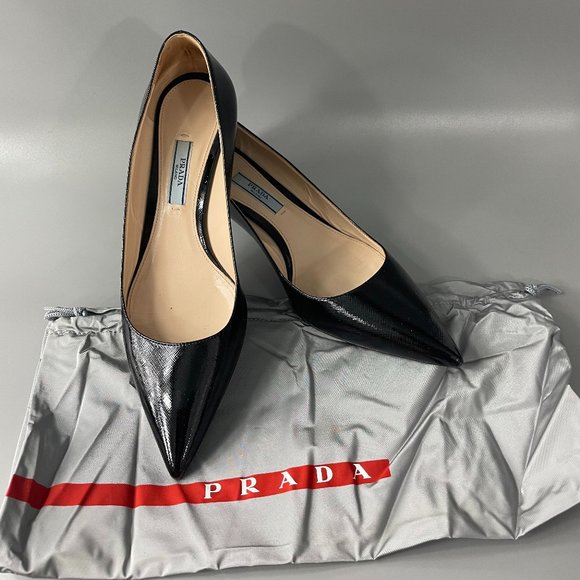 Prada Shoes - Authentic Prada Black Leather Pointed Toe Kitten Heel Pumps, Size 37 1/2